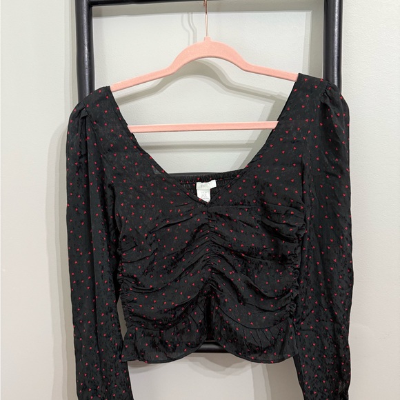 Top/blouse H&M Noir Avec Motif Cygnes Blancs - Taille 2, Viscose, Manches Longues - Neuf Sans étiquette